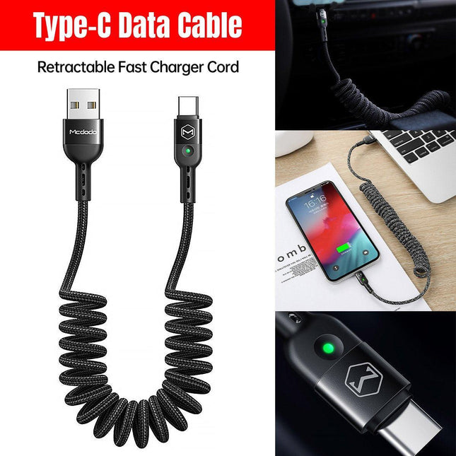 Type C Retractable Car Charging Cable Spring Helix Data Cord for Android Phone