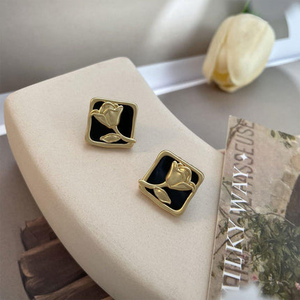 Vintage Matte Black Rose Square Stud Earrings Elegant Fashion Jewelry Women