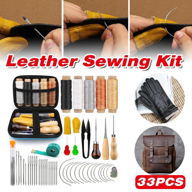 33Pcs DIY Leather Craft Hand Tools Kit Stitching Sewing Stamping Carve Work Set