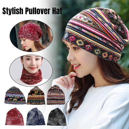 Ethnic Style Cotton Flower Stripe Pullover Cap Dual Purpose Turban Hat for Women