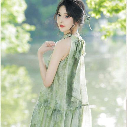 Women Chinese Style Green Halter Neck Long Dress Elegant Evening Gown