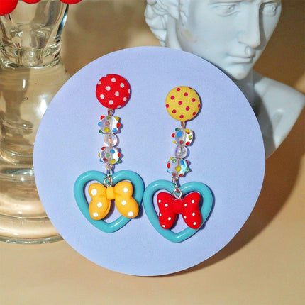 Trendy Bow Earrings Women Cute Peach Ear Clips Dotted Heart Stud Earrings