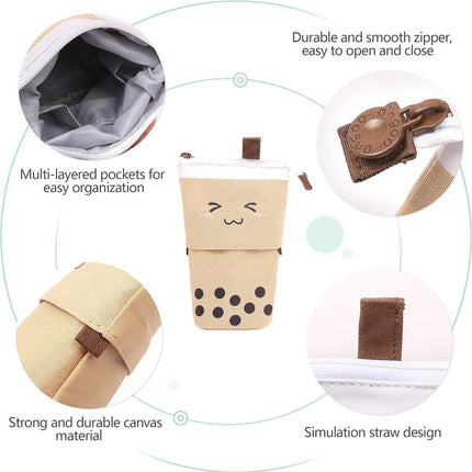Cute Bubble Tea Cartoon Stationery Box Retractable Standing Pencil Holder Case