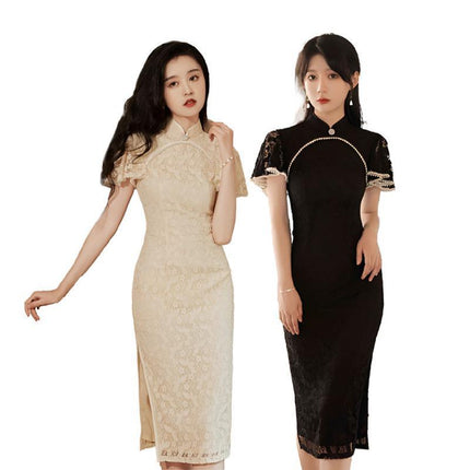 Mid-Length Lace Cheongsam Dress Retro Improved Slim-Fit Chinese Qipao Gown