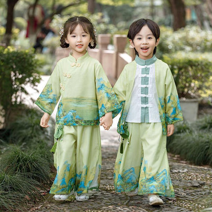 Boys Landscape Painting Performance Costume Chinese Style Traditional Green Set