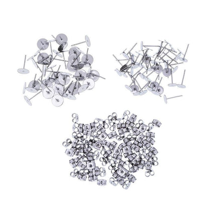 50/100/200PCS Earring Stud Posts Pads+Nut Backs Silvery Surgical Steel DIY Craft 4MM - Aimall
