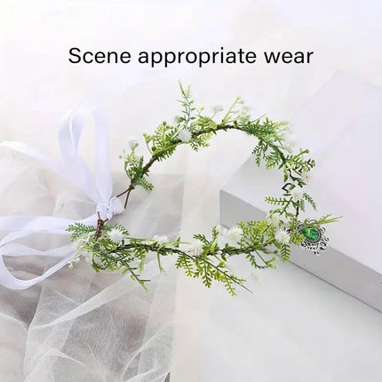 Handmade White Green Pendant Flower Crown Headband Wedding Fairy Elf Cosplay