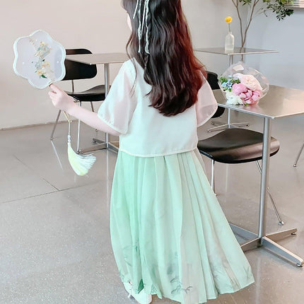 Traditional Chinese Style Girls Hanfu Vest Cardigan and Skirt Set for Costume