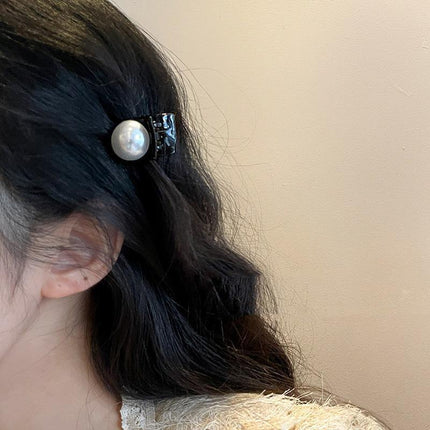 Mini Hair Claw Faux Pearl Hair Clip Hairpins For Women Girls Black Small Grab