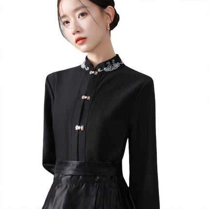 Chinese Style Women Autumn Standing Collar White Shirt Fashion Inner Tops