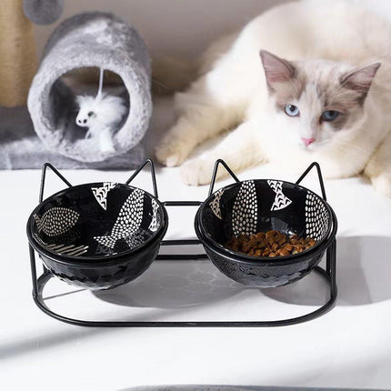 Double Ceramic Anti-Tipping Cat Dog Food and Water Bowl with Spine Fixed Design