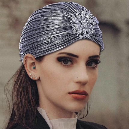 Muslim Women Pleated Silver Pleated Indian Wrap Turban Headscarf Elegant Hat