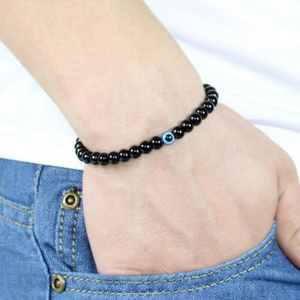 Turkish Greek Evil Eye Bracelet 6mm Elastic Cord Black Bead Handmade Unisex - Aimall