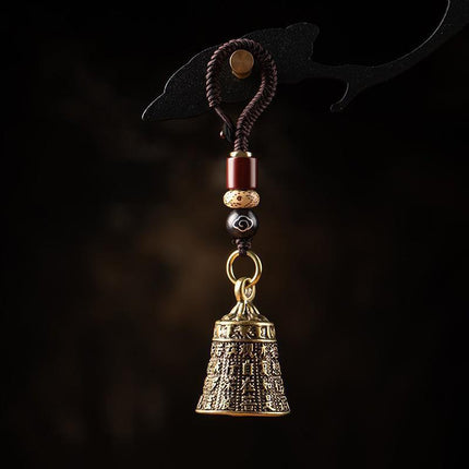 Pure Brass Bell Car KeyChain Engraved Chinese Buddhist Sutra Handmade Woven Rope - Aimall