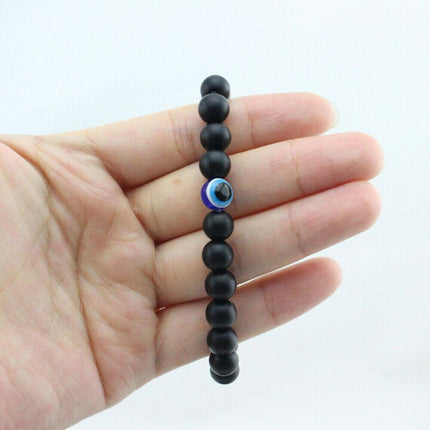 Turkish Greek Evil Eye Bracelet 6mm Elastic Cord Black Bead Handmade Unisex - Aimall