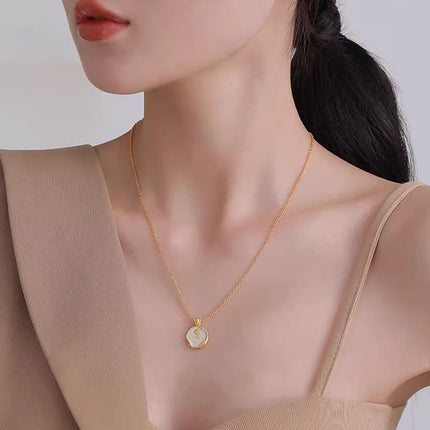 White Gold Plated Round Rose Natural Shell Pendant Necklace Pearlescent Gift - Aimall