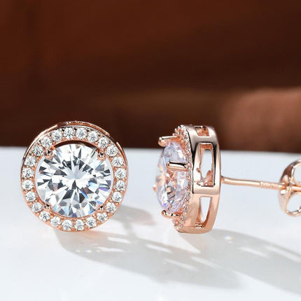 Red Garnet Diamond Halo Round Stud Earring Push Back Rose Gold Plated Women Gift - Aimall