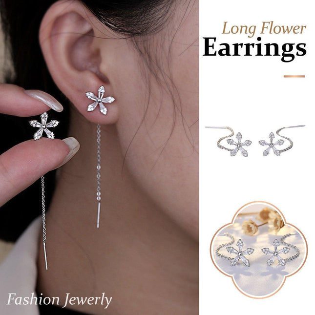 Silvery Zircon Flower Earline Long Sweet Earrings for Girls and Women Jewelry