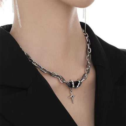 Punk Style Heart Charm Choker Silver Thick Link Chain Collar Necklace Fashion - Aimall
