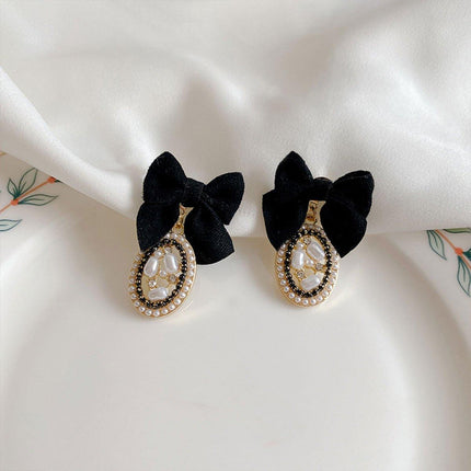 Vintage Oval Earrings Women Black Bow Elegant Jewelry Fashion Accessories