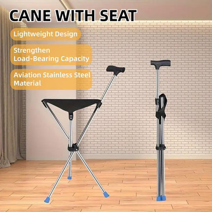 Stainless Steel Walking Stick with Seat Folding Cane Chair for Travel and Outdoor Use