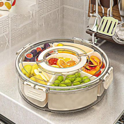 Six Compartment Rotary Fruit Plate Portable Round Snack Box with Lid for Home