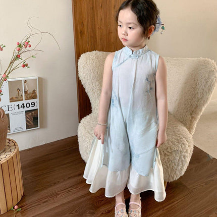 Girls New Chinese Style Cheongsam Dress Set Summer Traditional Outfit
