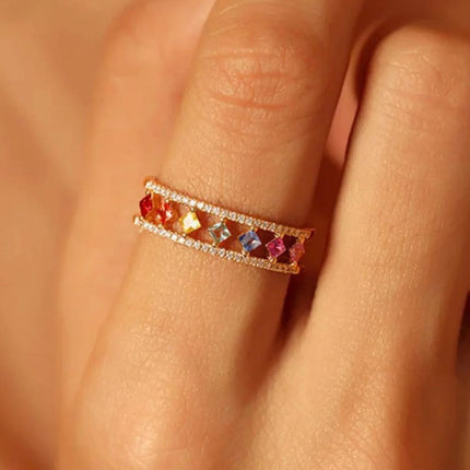 Rainbow Gold Ring Women Fashion Colorful Band Jewelry Gift 6-10 Sizes Ring