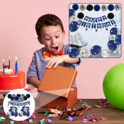 47pcs Blue Birthday Banner Balloon Set Party Decoration Blue Silver Paper Flower