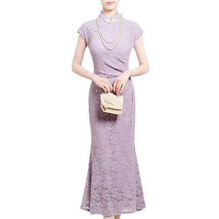 New Chinese Purple Cheongsam Dress Summer Modified Fishtail Dress for Women