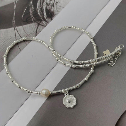 Handmade S925 Silver Bamboo Link Medallion Pearl Pendant Necklace INS Style Jewelry