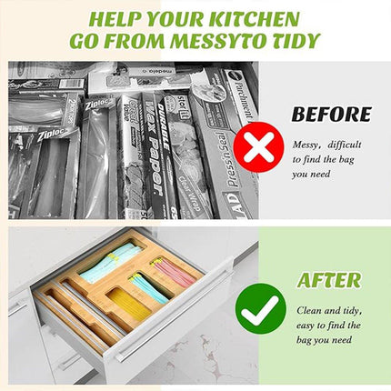 Bamboo Kitchen Storage Box for Plastic Wrap Tin Foil Paper Cutter with Lid