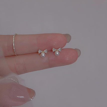 White Zircon Crystal Pearl Bow Tie Stud Earrings Elegant Best Gift for Women - Aimall