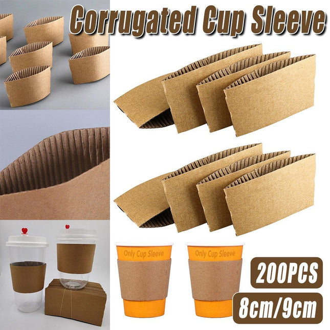 200X Coffee Cup Sleeves Kraft Paper Disposable Corrugated For Hot Or Cold 8/9CM
