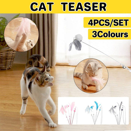 4PCS Cat Teaser Stick with Bells Feathers Bite-resistant Long Rod Toy Supplies