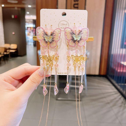 2Pcs Hanfu Flower Hair Clip Pearl Tassel Butterfly Hairpin Female/Children Party - Aimall