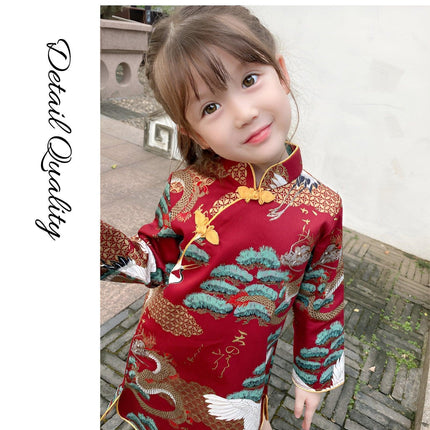 Girls Traditional Chinese Dress Cheongsam Qipao Long Sleeve Kids Fashion New - Aimall