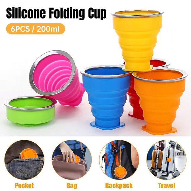 6PCS Portable Silicone Folding Travel Cups 200ml with Lid for Outdoor Camping
