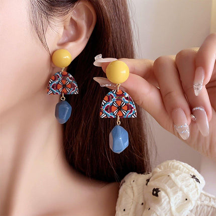Vintage Yellow and Blue Clashing Earrings Irregular Geometric Style Jewelry