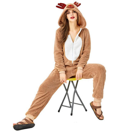 Christmas Reindeer Onesie Adult Khaki Cosplay Pajamas Comfy Animal Costume - Aimall