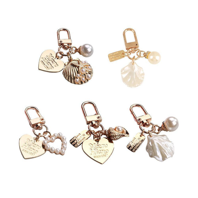 Womens Cute Key Rings Shell Heart Pearl Shape Keychain Charm Bag Hanger Pendants - Aimall
