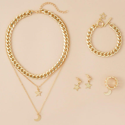 Moon Stars Pendant Necklace Bracelet Ring Earrings Jewelry Set Women Gift
