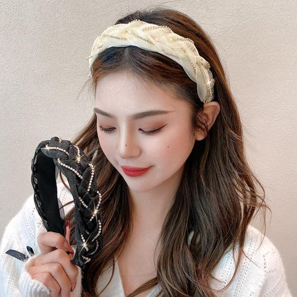 Women Hairband Twist Organza Knot Cross Tie Wide Headwear Hair Band Hoop Shiny - Aimall