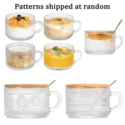 4PCS Vintage 14oz Embossed Glass Coffee Cups with Bamboo Lid and Spoon for Tea Milk