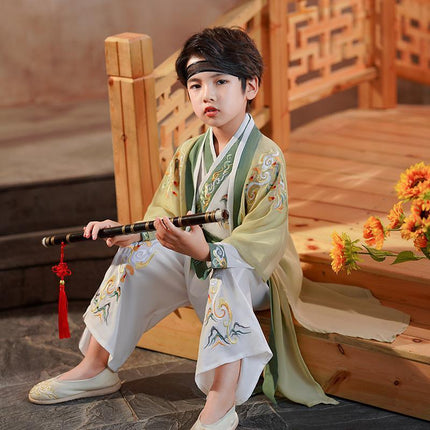 Kids Boys Hanfu Suit Top and Pants Embroidered Lace Up Bag Tassel Chinese Style - Aimall