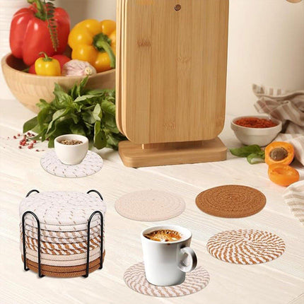 8PCS Round Cotton Woven Coaster Heat Resistant Thick Insulation Dining Table Mat