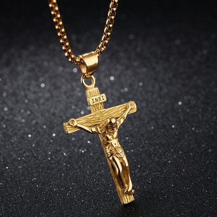Men Stainless Steel Gold Silver Black Jesus Crucifix Pendant Chain Necklace Gold - Aimall