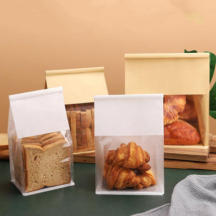 100x Kraft Paper Flat Bottom Cake Packaging Toast Bread Bags With Window White - Aimall