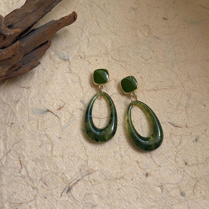 Retro Glossy Green Resin Earrings Women Fashion Round Dangle Jewelry Gift