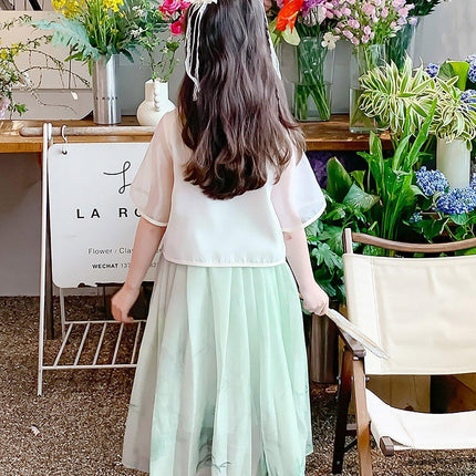 Traditional Chinese Style Girls Hanfu Vest Cardigan and Skirt Set for Costume